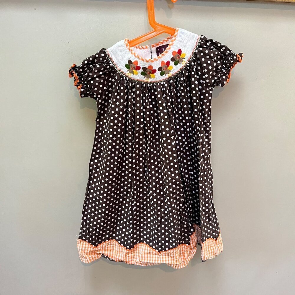 Lil Cactus Brown Polka Dot Smocked Dress with Turkey Embroidery‎ -4T